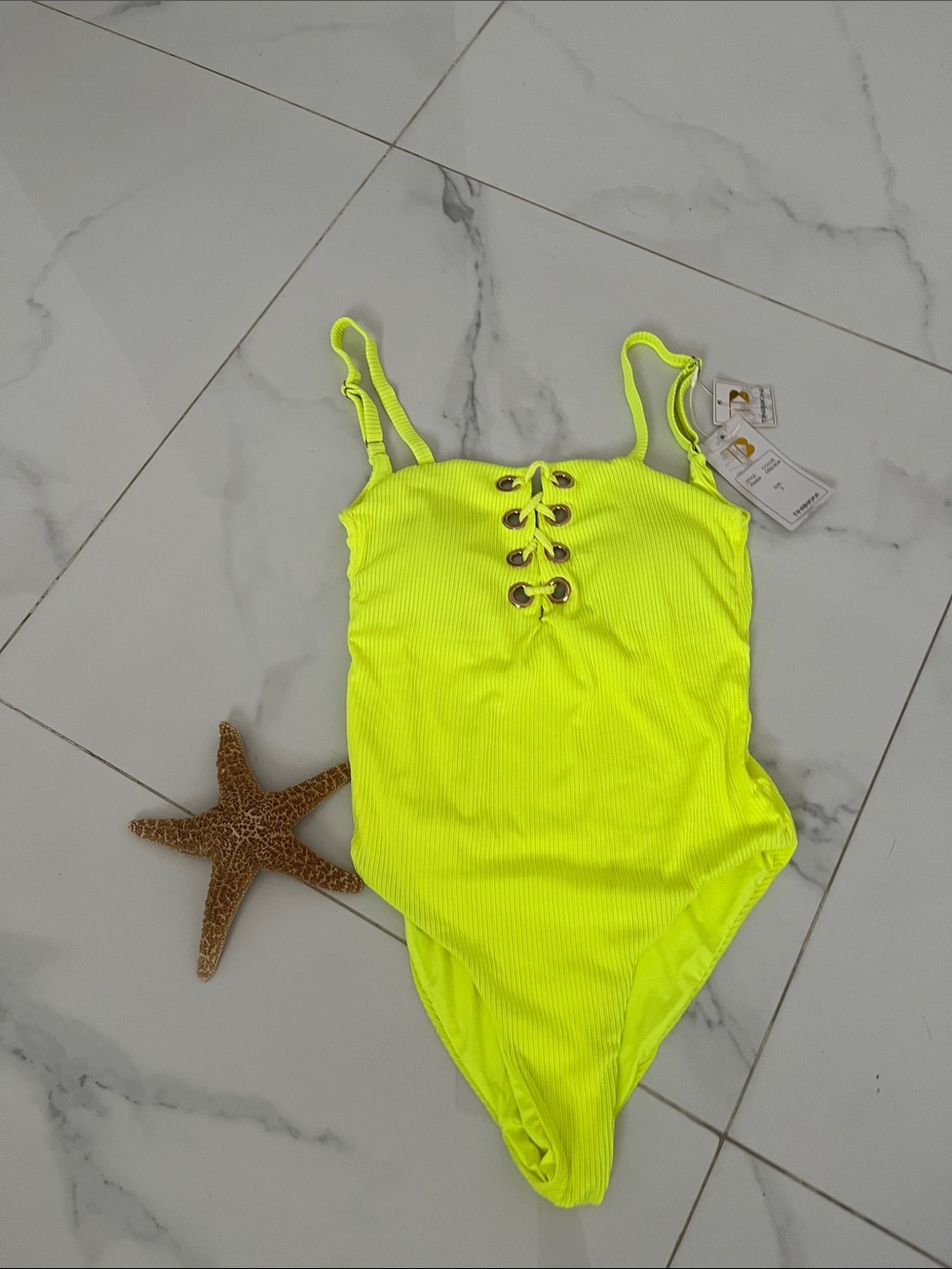 Women Neon Yellow Lace-Up One-Piece Swimsuit